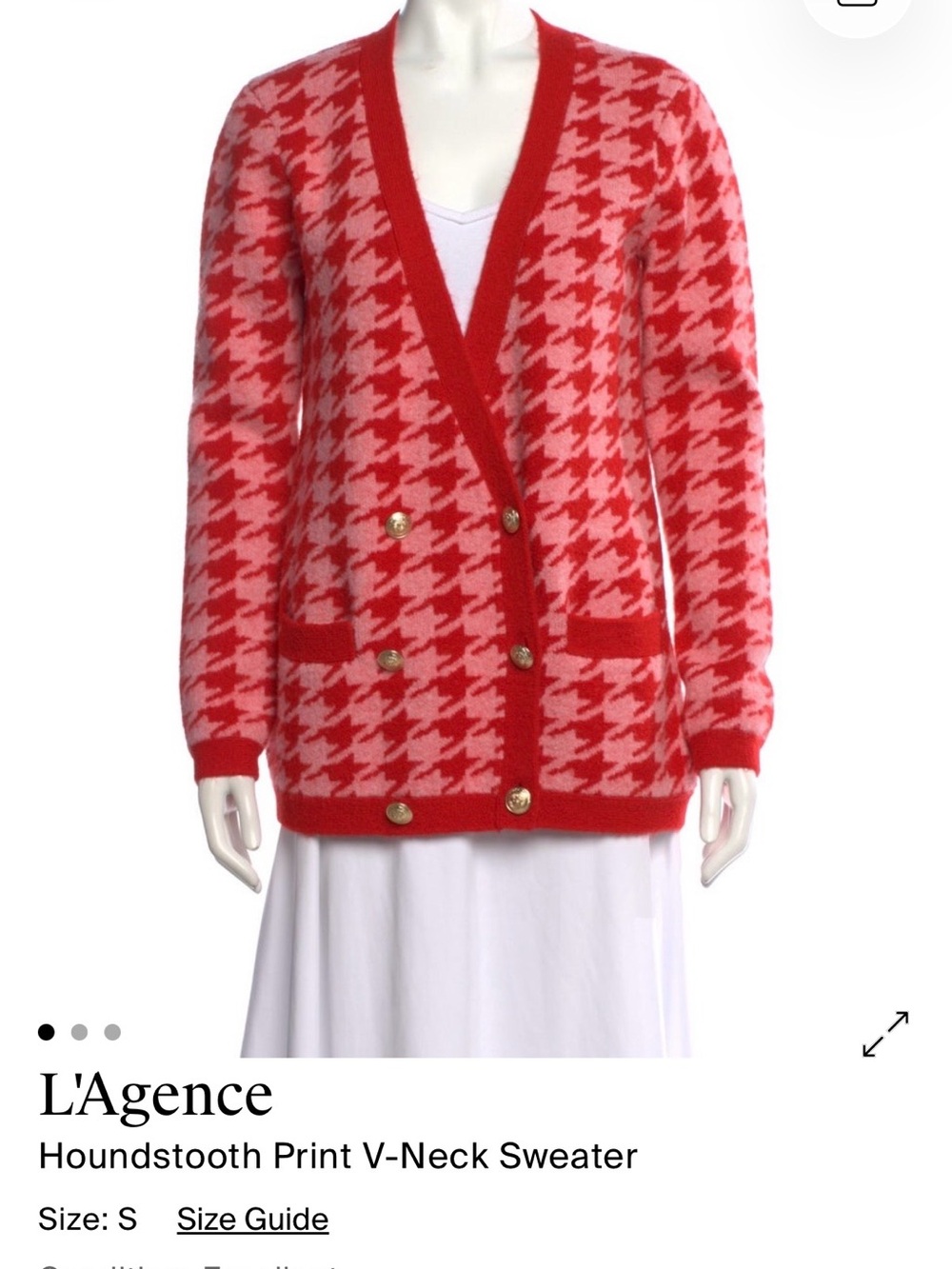L'AGENCE Red and Pink Houndstooth V-Neck Cardigan